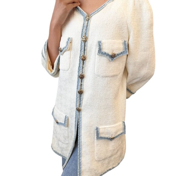 CHANEL Vintage 07P CC Logo Tweed Long Jacket Trim Denim #42 Blue White [106101] - Picture 4 of 14